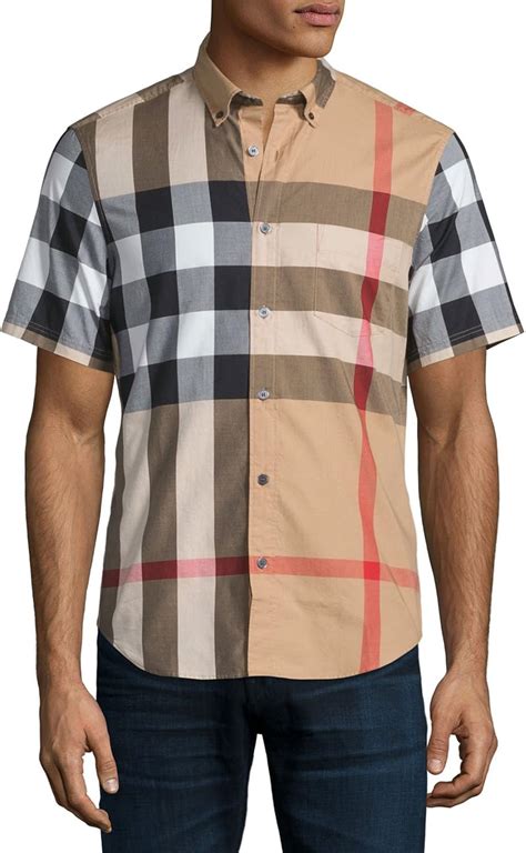 burberry mens cotton check button down short sleeve shirt|burberry check button up shirt.